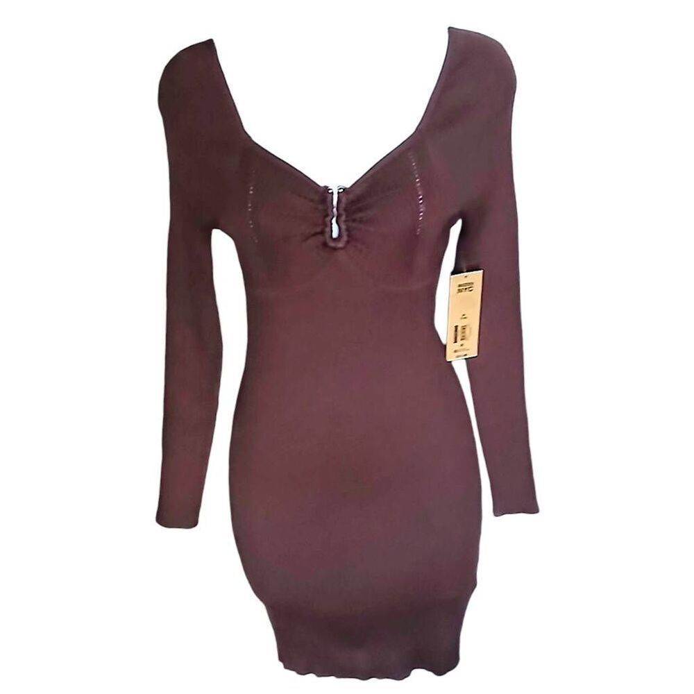 Ribbed Knit Long Sleeve Brown Sweater Dress New!